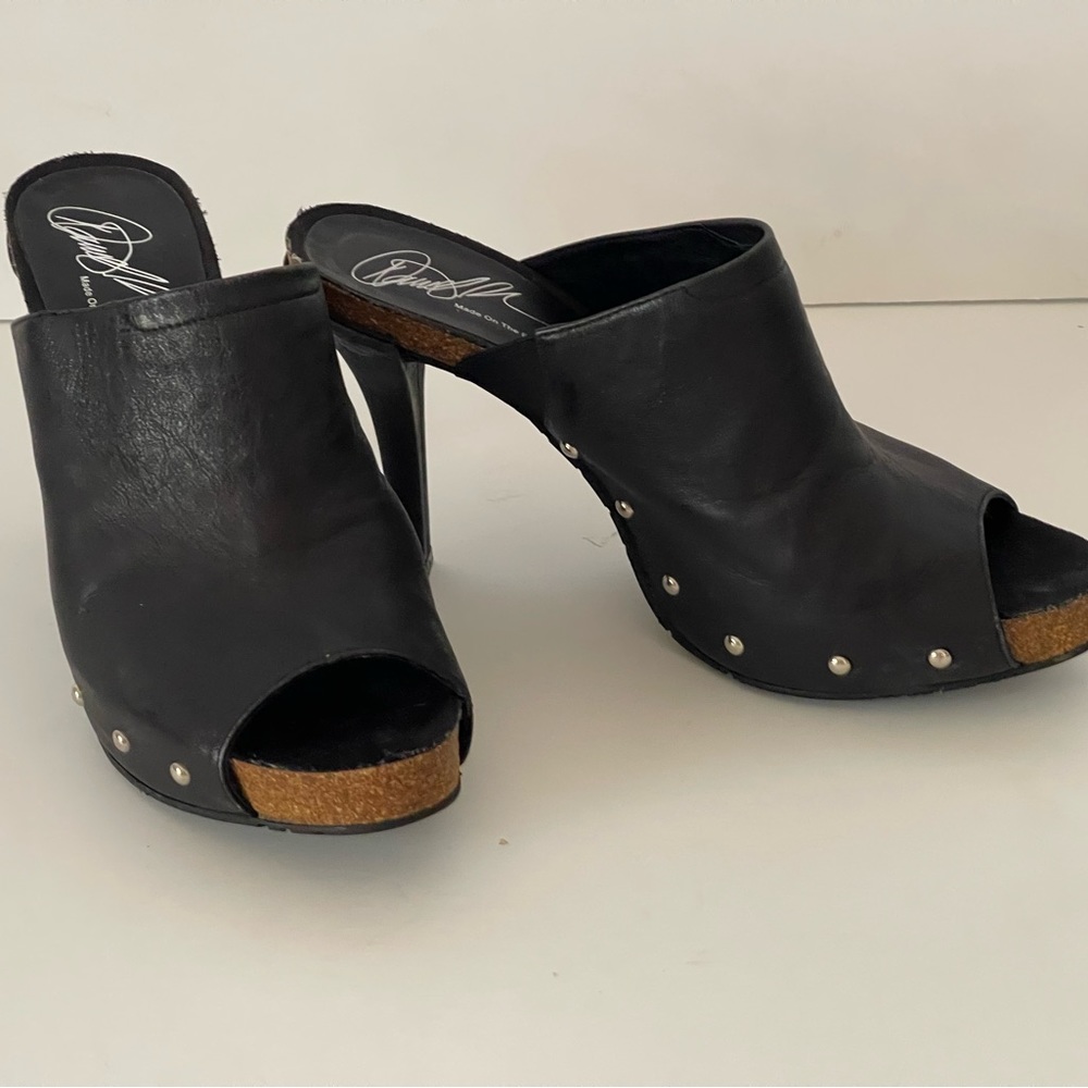 Donald Pliner black leather high heel mules